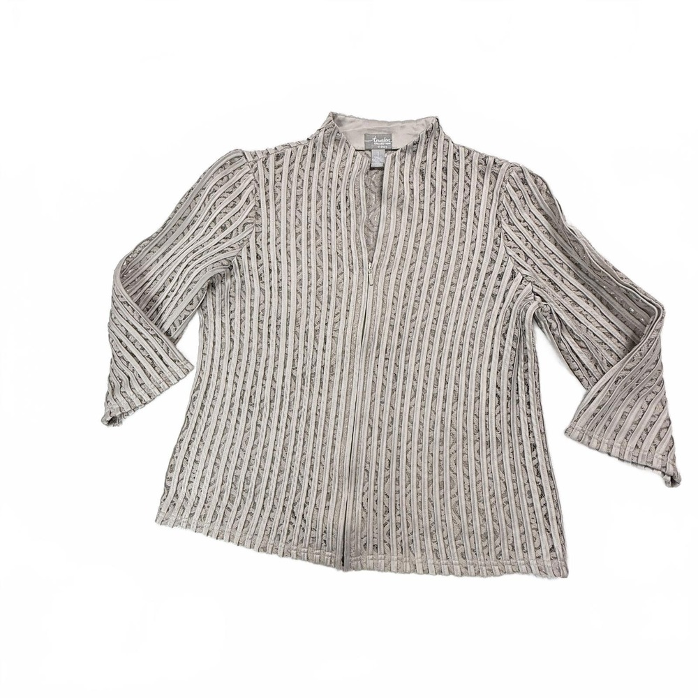 Women's Chico's travelers sz M/1 Taupe Striped, Lace, Knit jacket with Zip Front